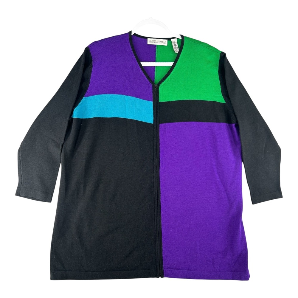VALERIE STEVENS II Womens Plus 2X Color Block Zip Up Sweater 100%‎ Merino Wool
